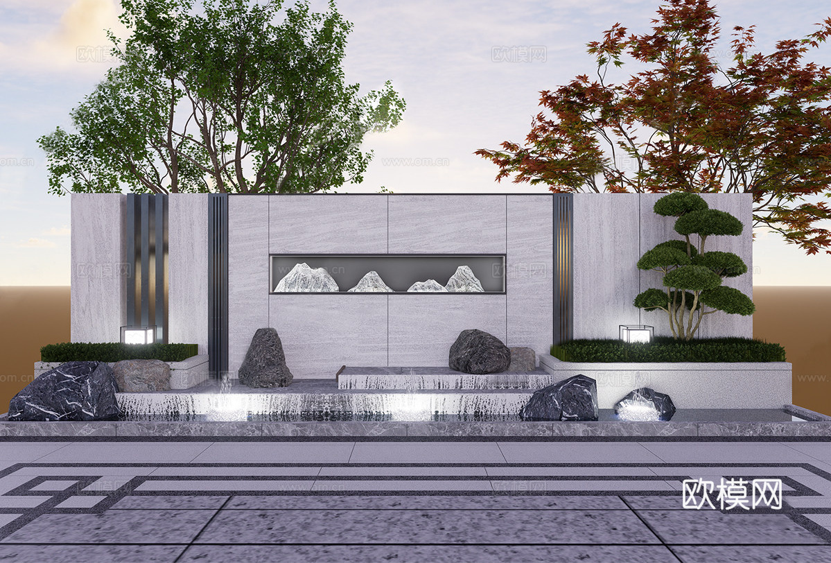 新中式庭院景墙 叠水 庭院景墙su模型