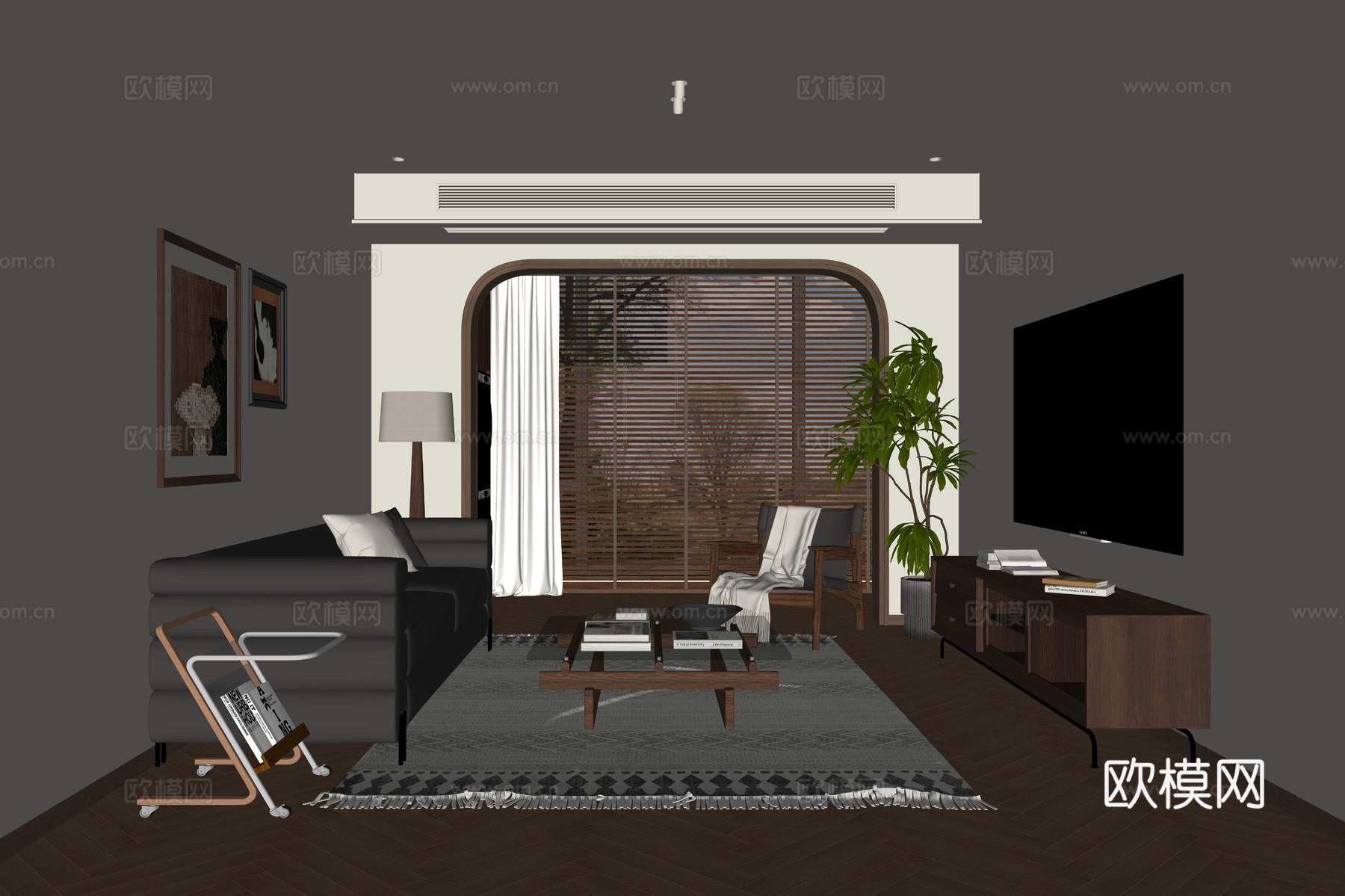 现代中古风客厅su模型