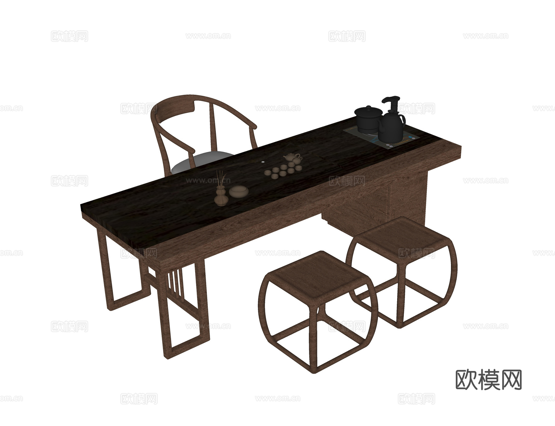 现代茶桌椅 茶桌 茶具摆件su模型