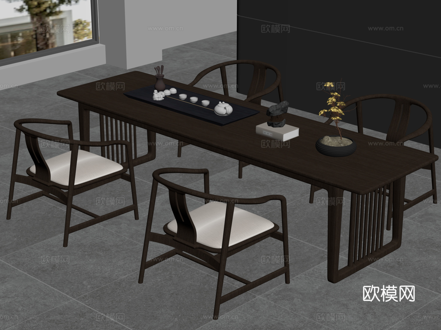 新中式茶桌椅su模型