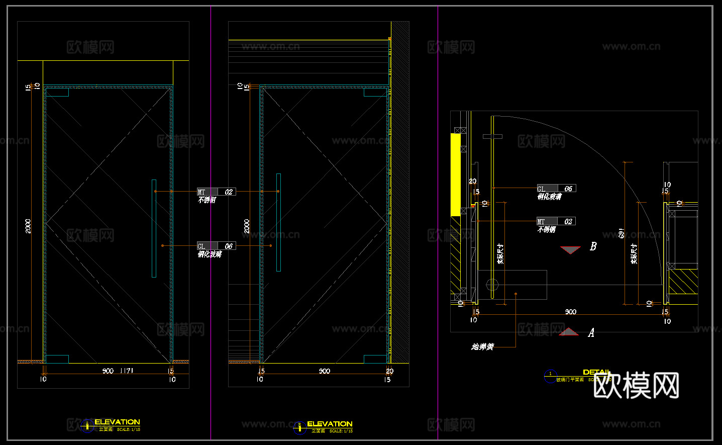 钢化玻璃门  单开玻璃门 办公室玻璃门 门节点cad施工图