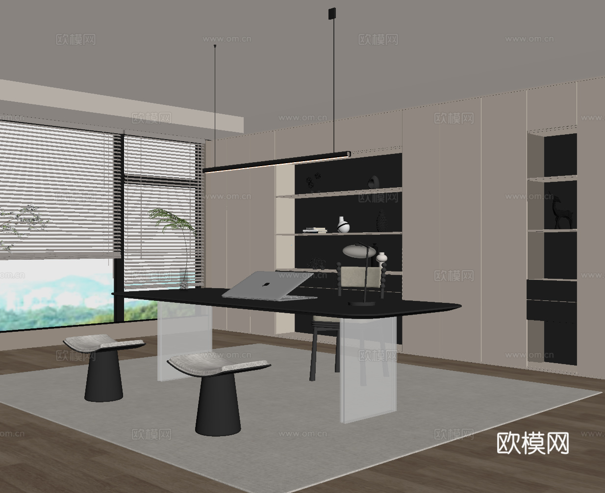 现代书房 书桌椅 书柜su模型