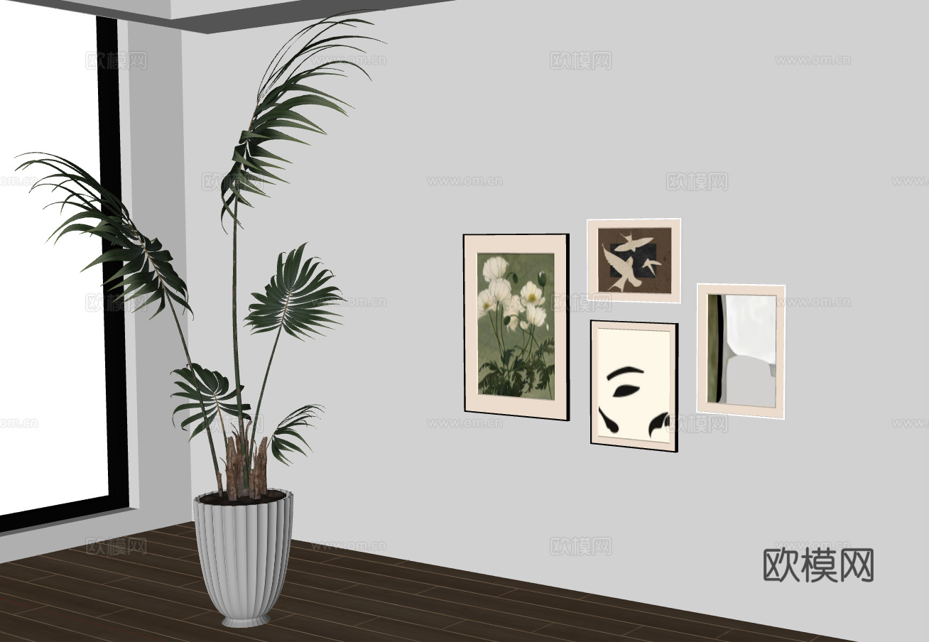 现代简约风格的室内绿植与艺术墙饰组合su模型