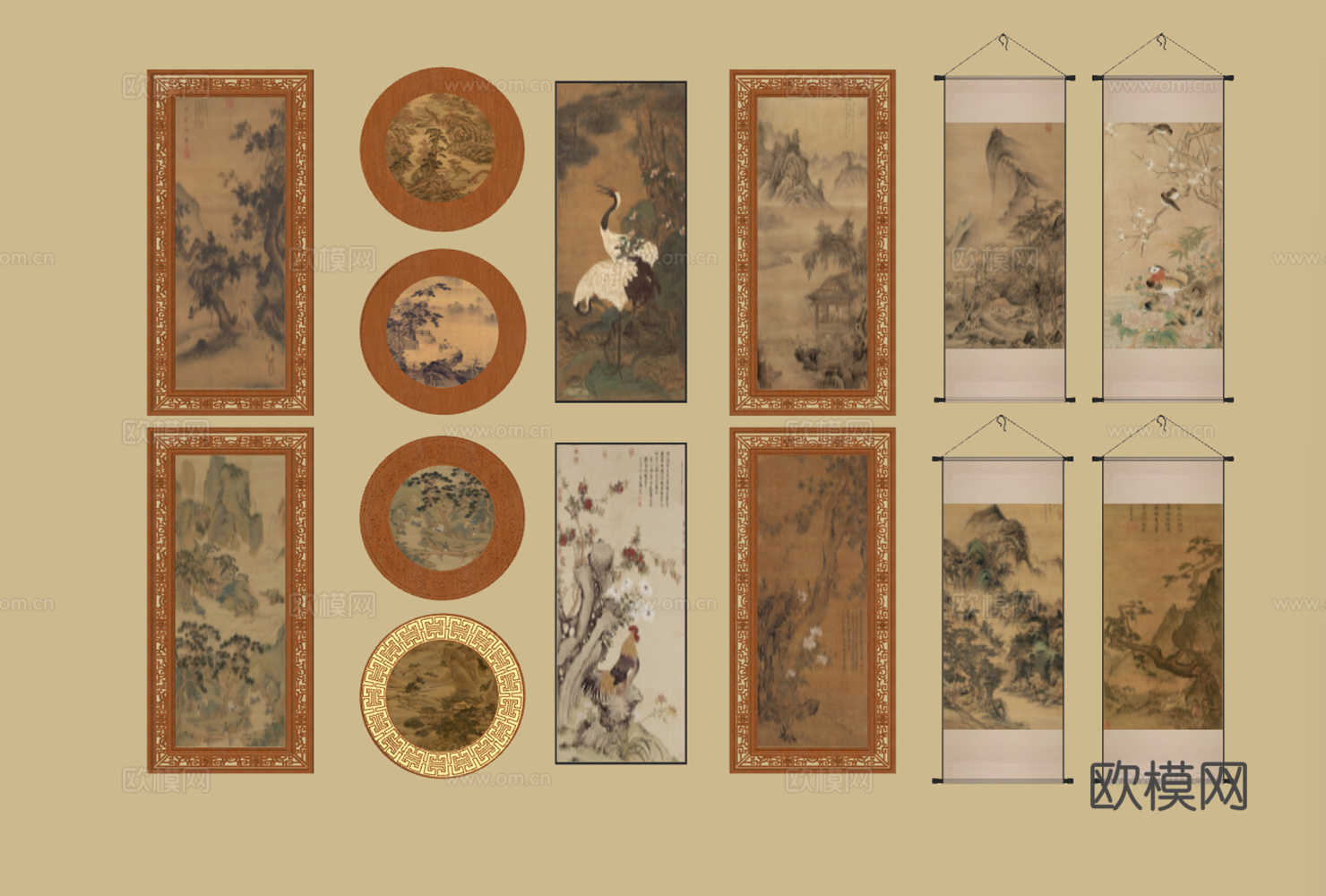 中式古典山水花鸟画合集su模型