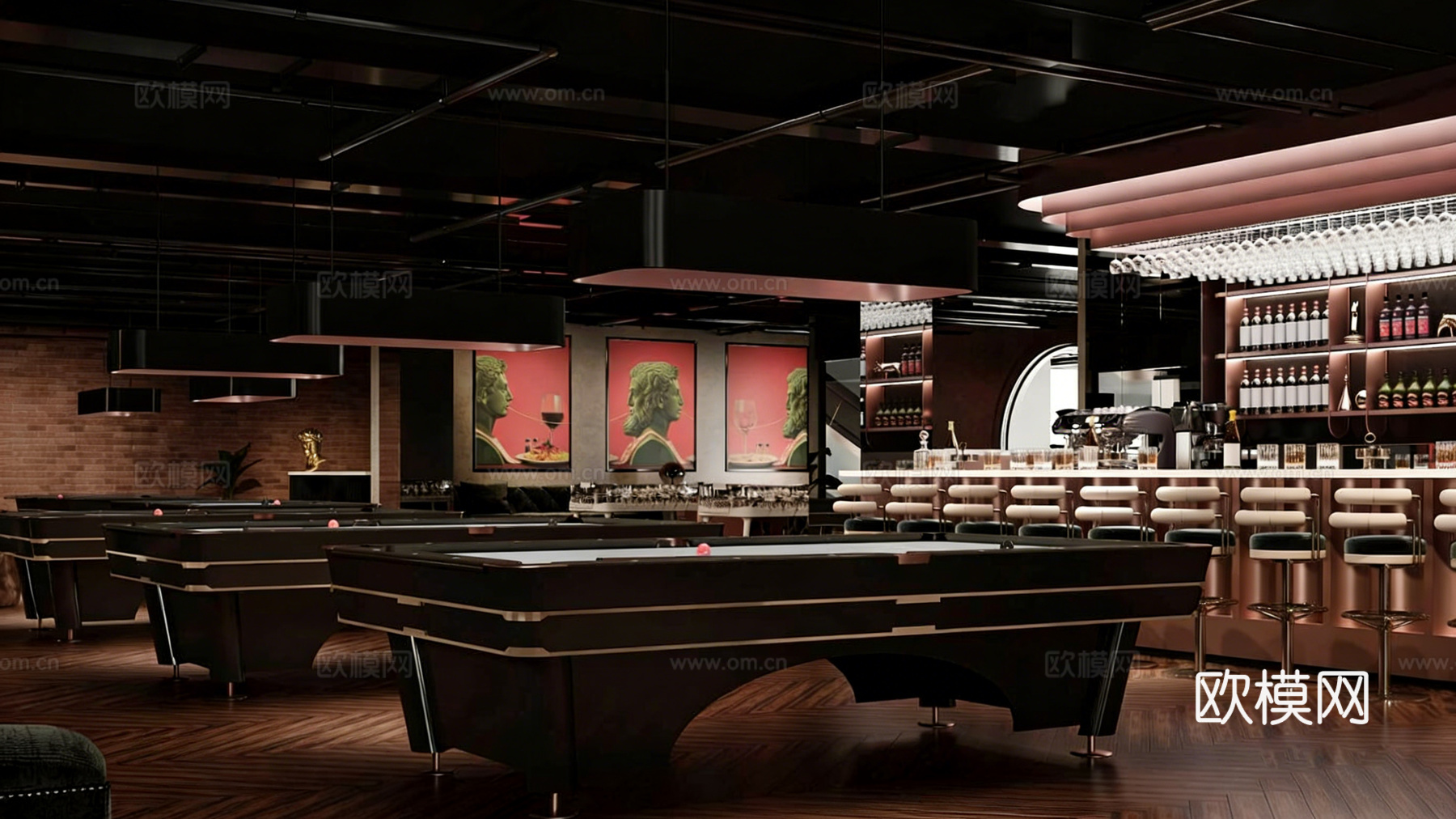 台球室 台球厅 娱乐空间 商业空间 俱乐部3d模型