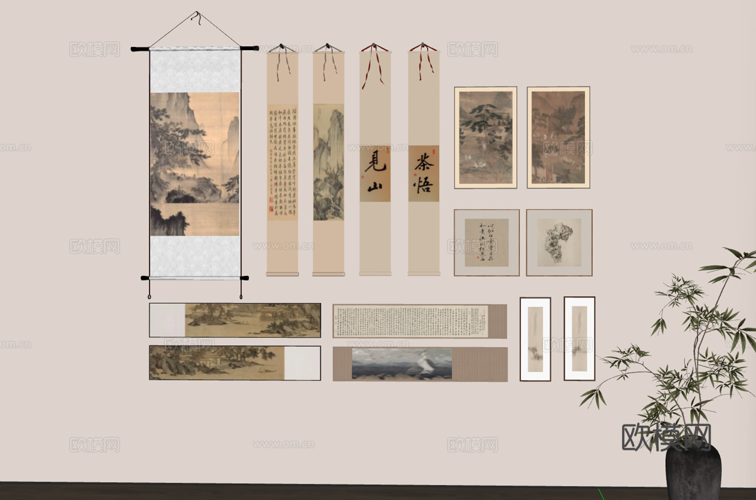 中式古典山水与书法卷轴艺术墙组合su模型su模型