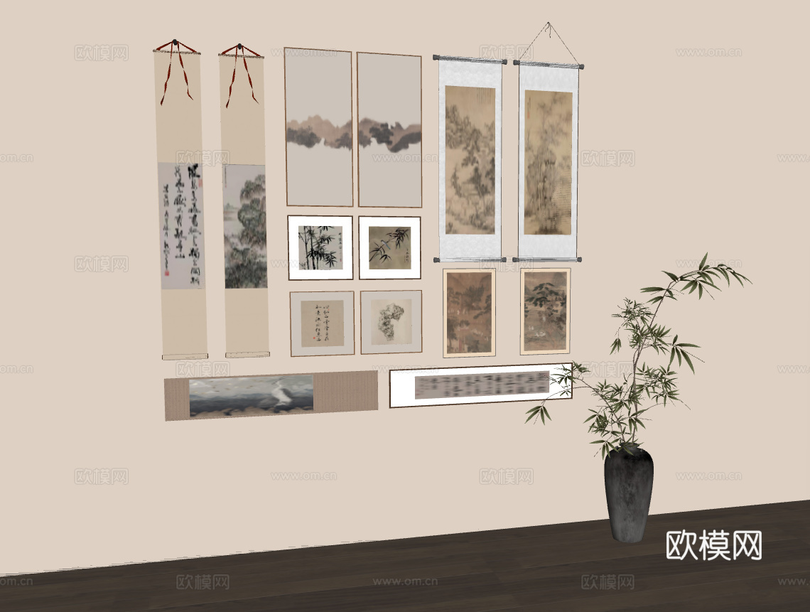 中式传统书画艺术墙装饰组合su模型