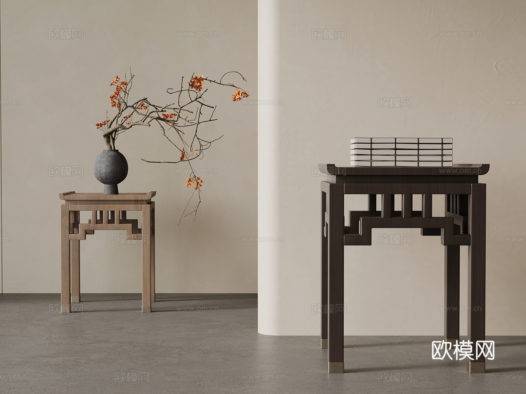 新中式边几 实木方几su模型