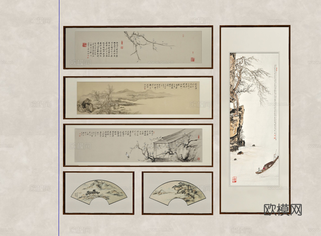 传统中式水墨山水与梅花主题画作合集su模型下载（渲染图1）