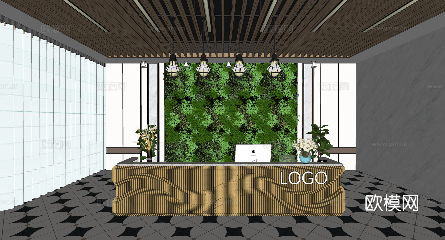 0041现代简约办公室前台接待台su模型下载（渲染图2）