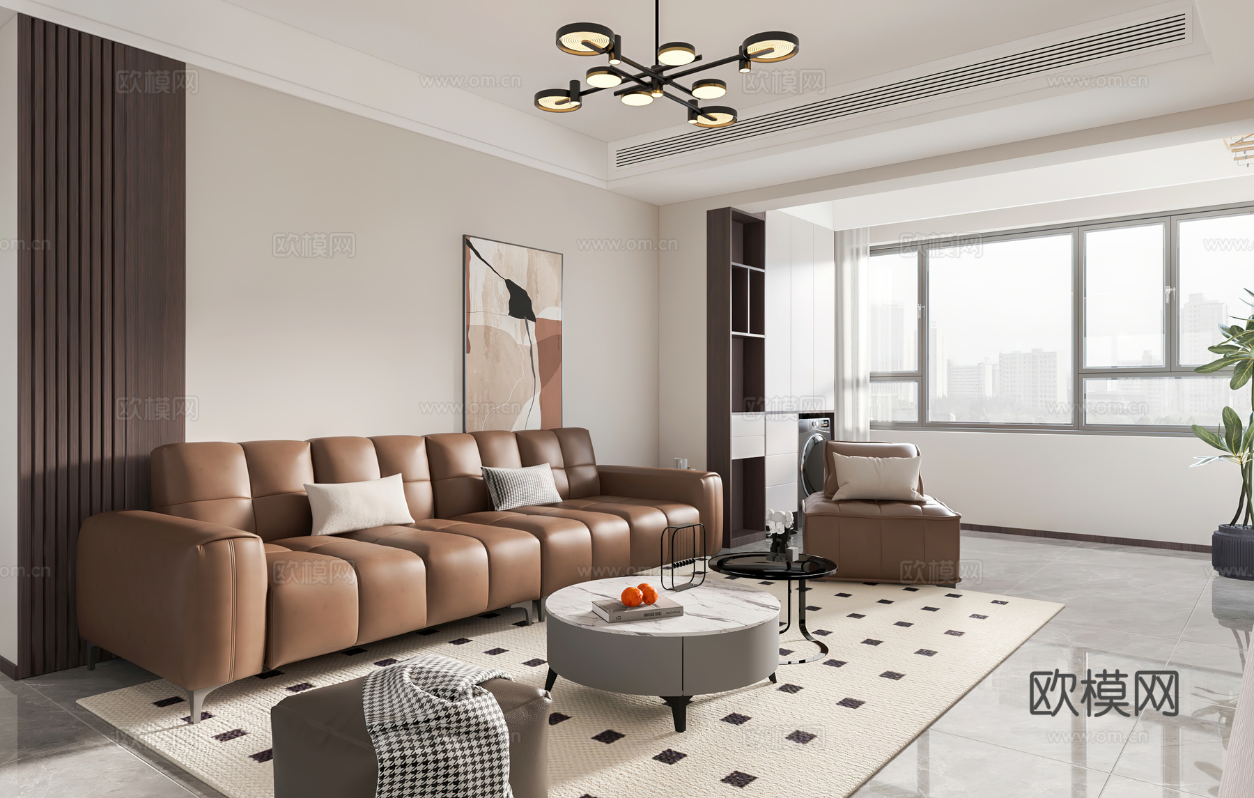 现代客餐厅 开放厨房 书房 电视墙 鞋柜3d模型下载（渲染图1）