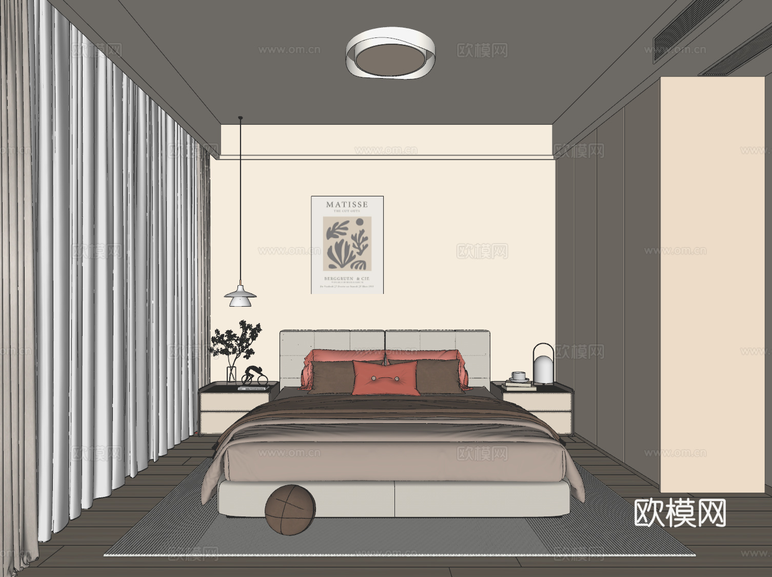 现代奶油风卧室su模型