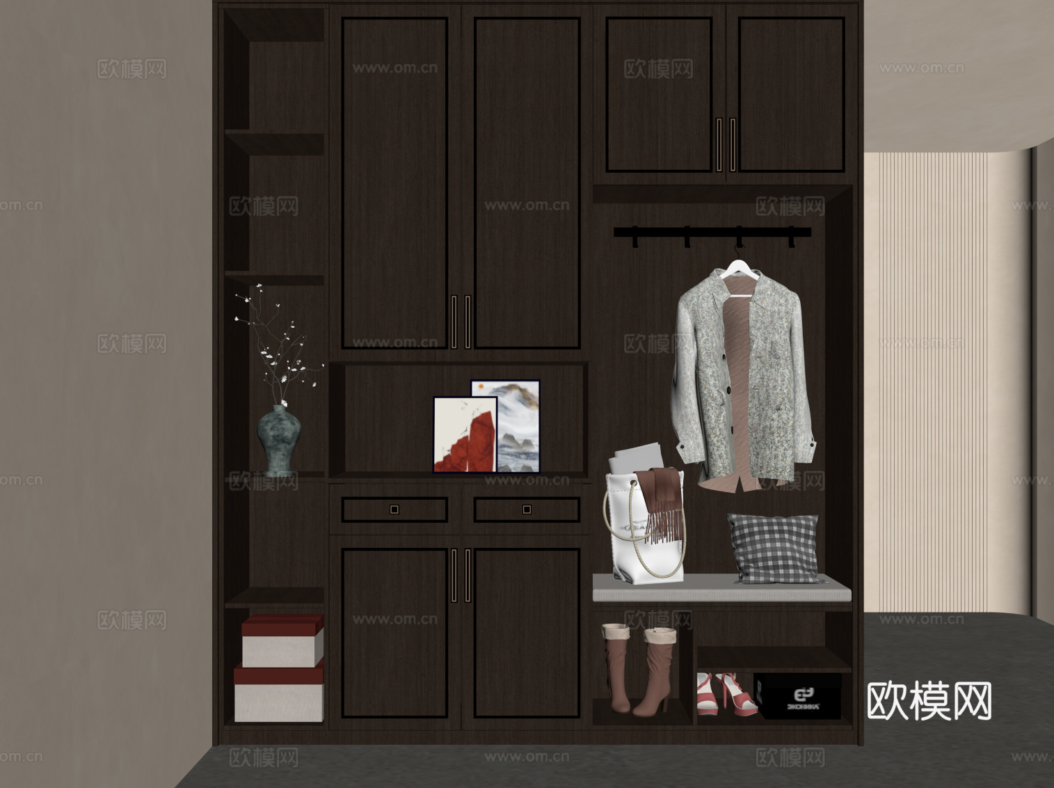 新中式鞋柜 入户实木玄关柜su模型