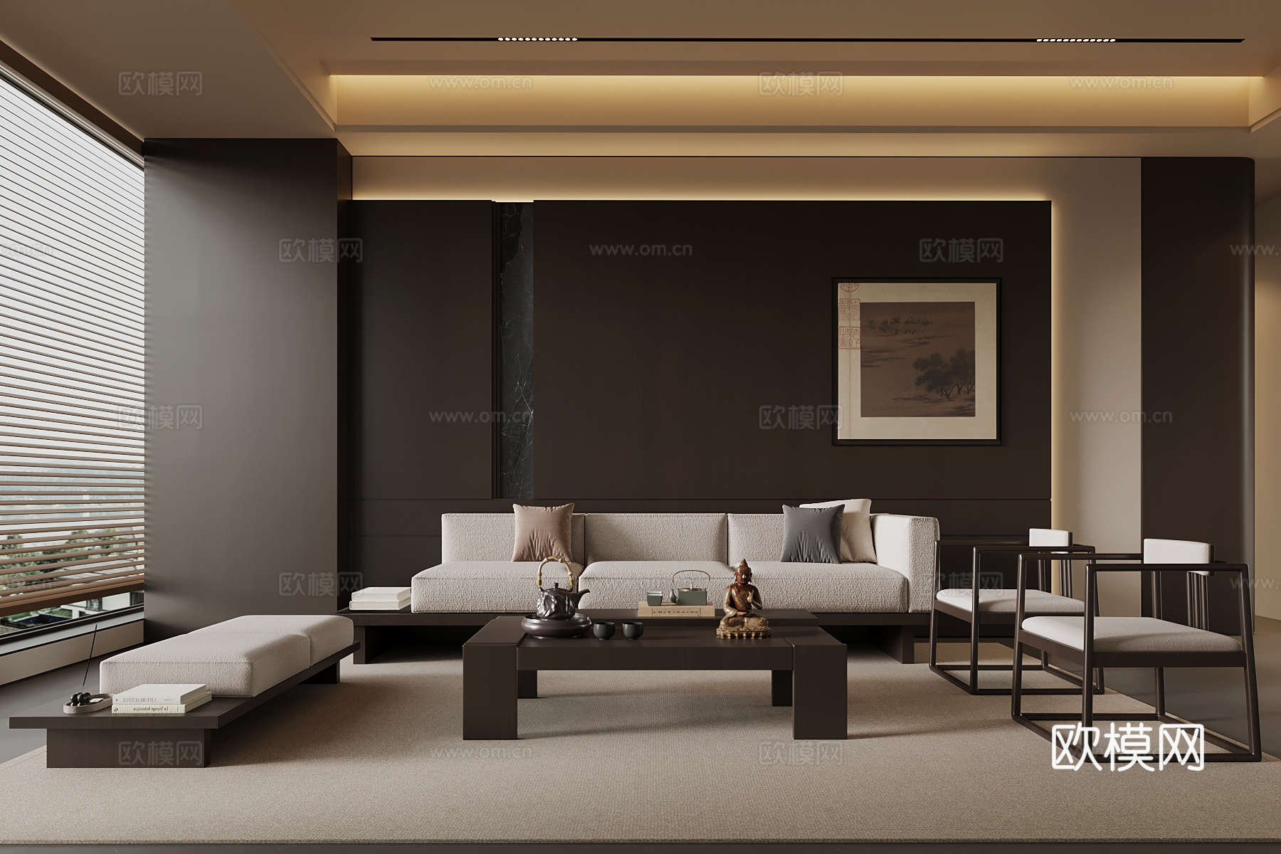 新中式客厅 背景墙 沙发茶几组合su模型