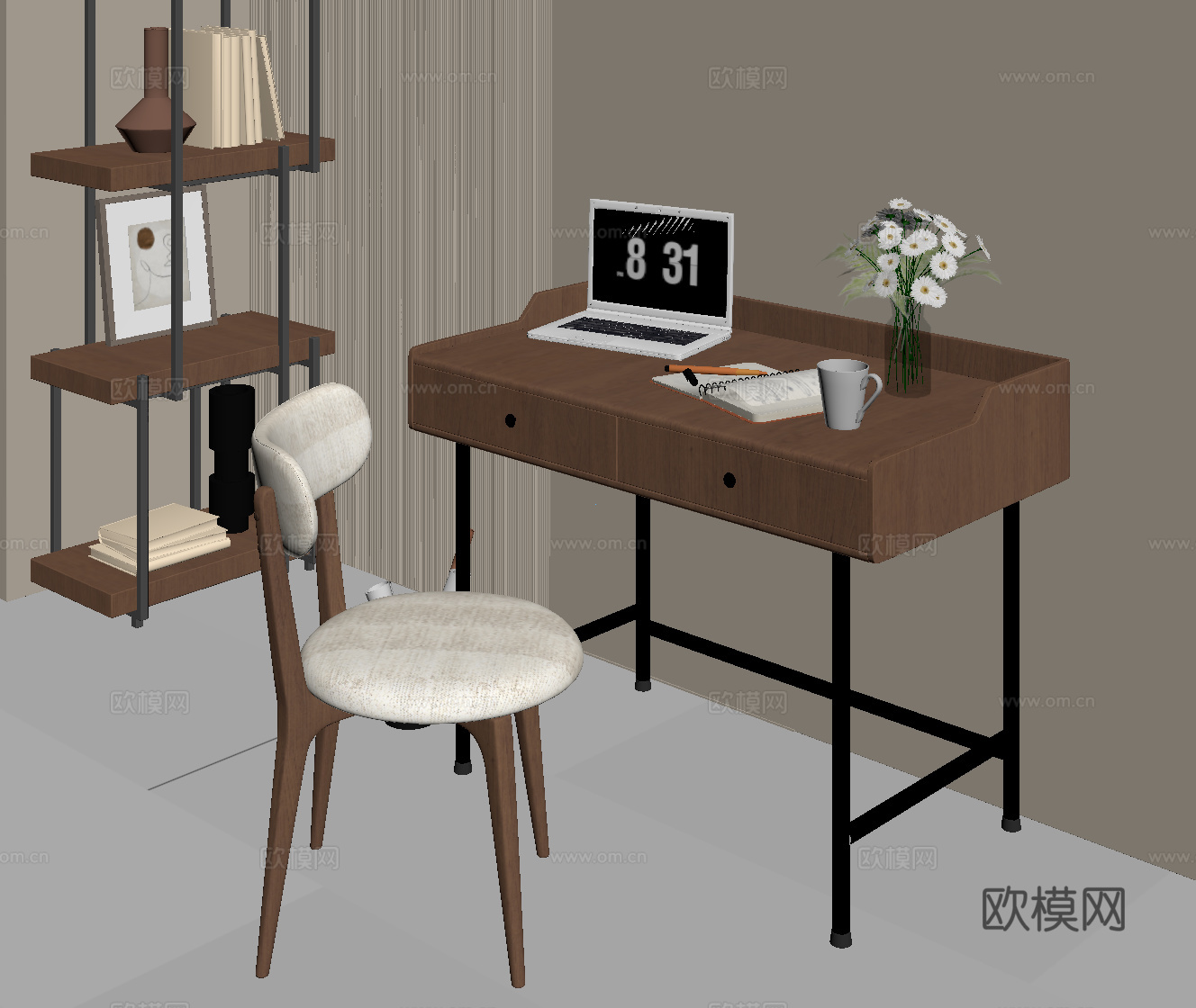 现代中古风书桌椅su模型