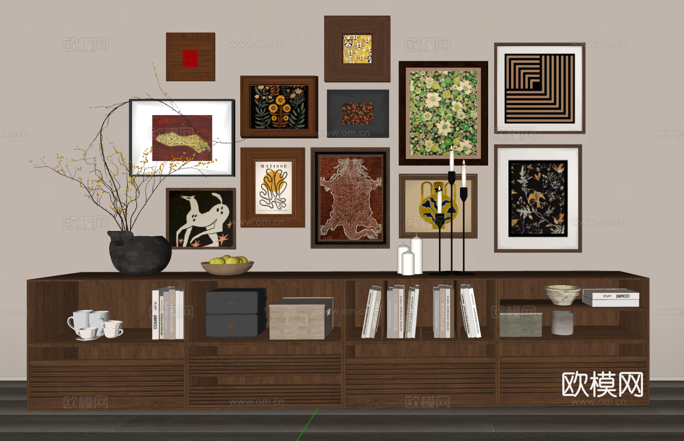 现代简约风格艺术墙与木质储物柜组合su模型