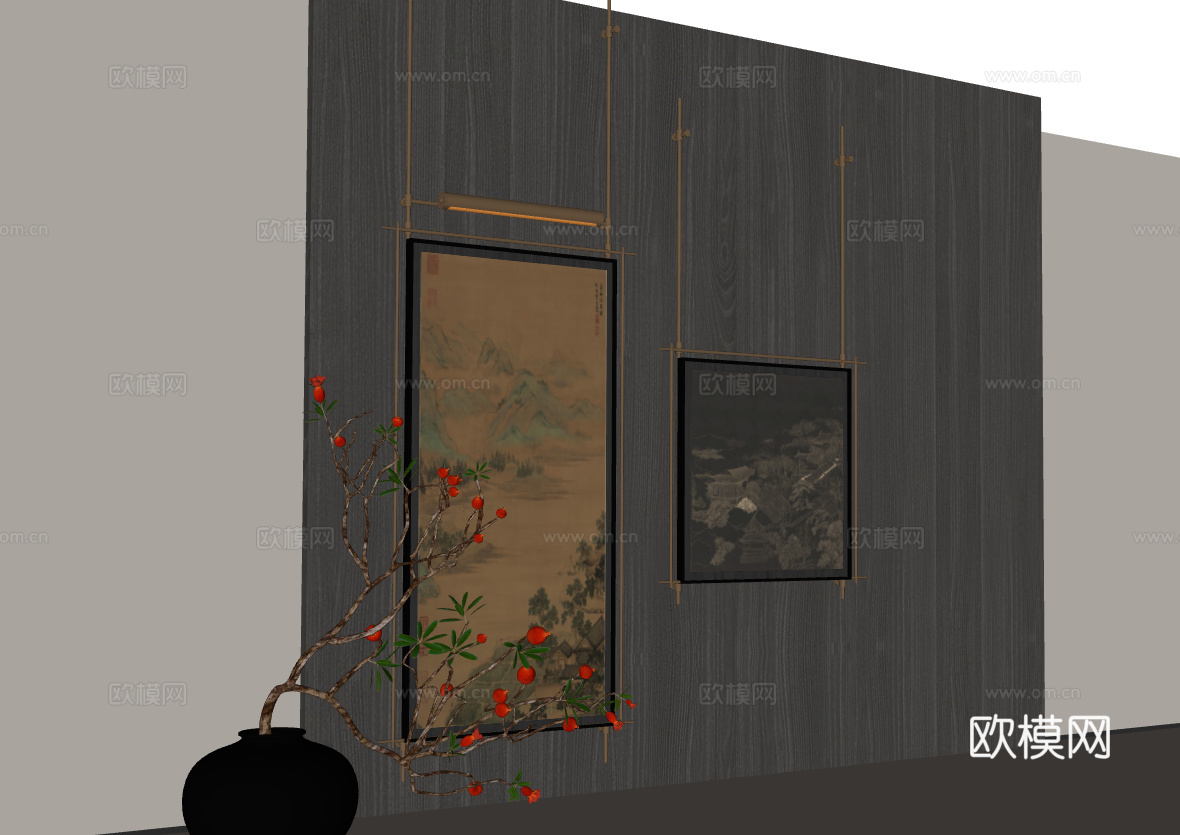 新中式风格山水挂画与古典建筑装饰组合su模型