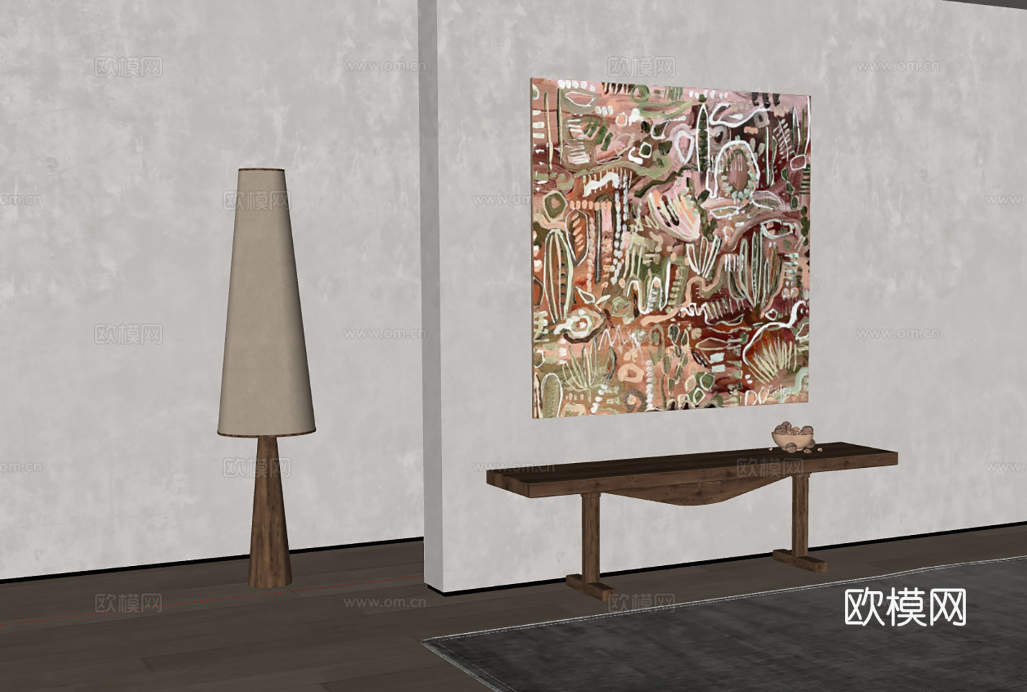 抽象自然主题艺术画与现代木质家具组合su模型