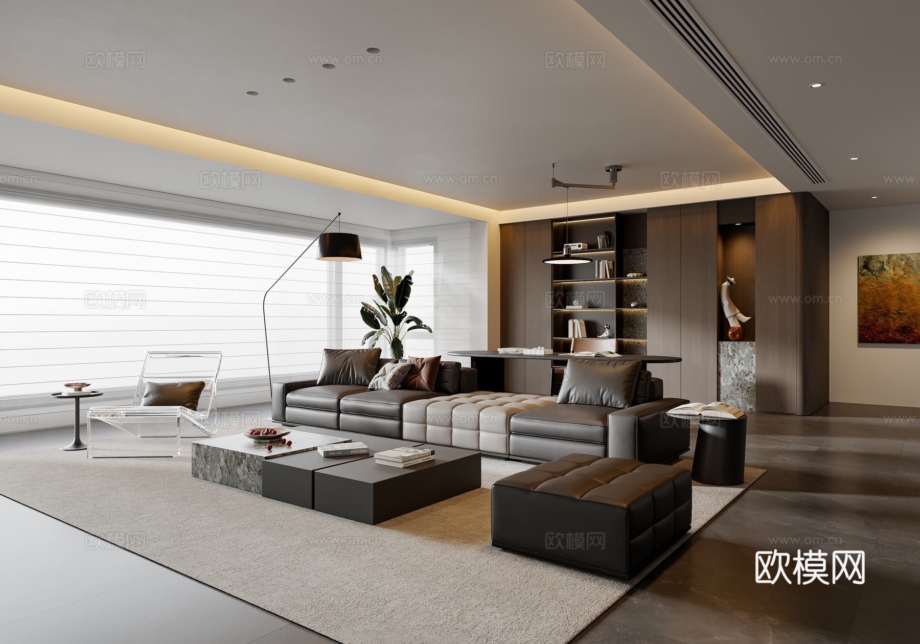 现代意式客厅 沙发茶几 书桌椅 书柜 多人沙发 休闲椅 地毯3d模型下载