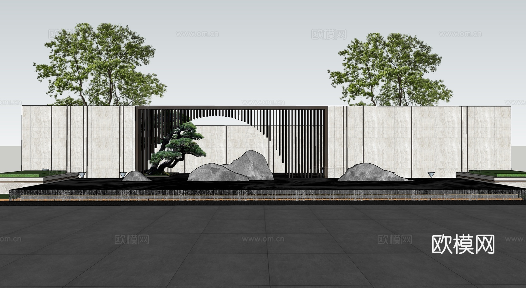 新中式景墙围墙 直线 入口景墙su模型