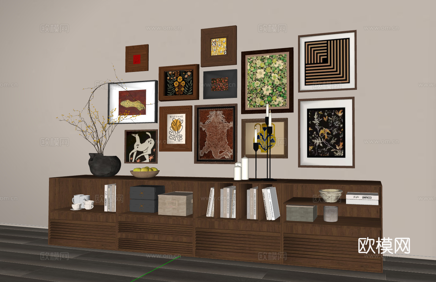 现代简约风格艺术墙与木质储物柜组合su模型
