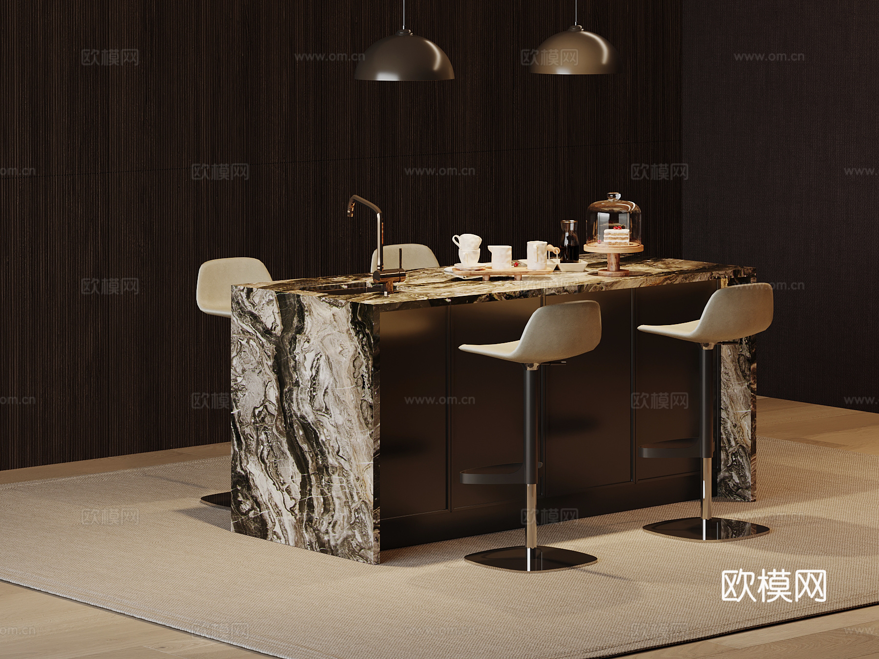 现代岛台 吧台 餐桌椅 吧凳su模型
