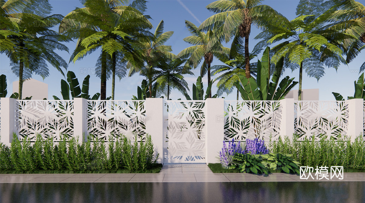 现代风格庭院围墙 铁艺镂空围墙su模型