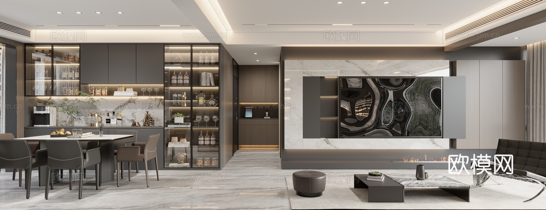 现代意式客餐厅3d模型下载（渲染图1）