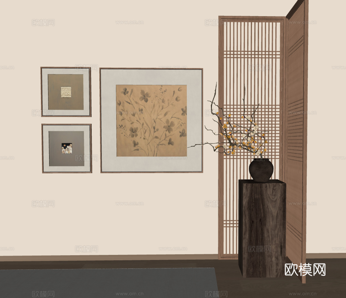 传统挂画与屏风的艺术陈列su模型