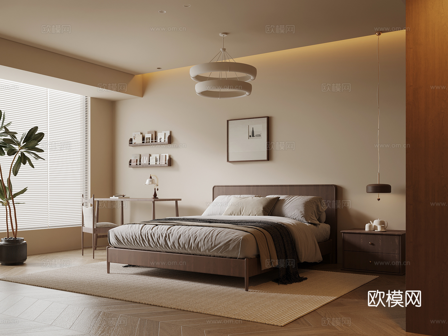 中古风卧室 双人床 床头柜su模型