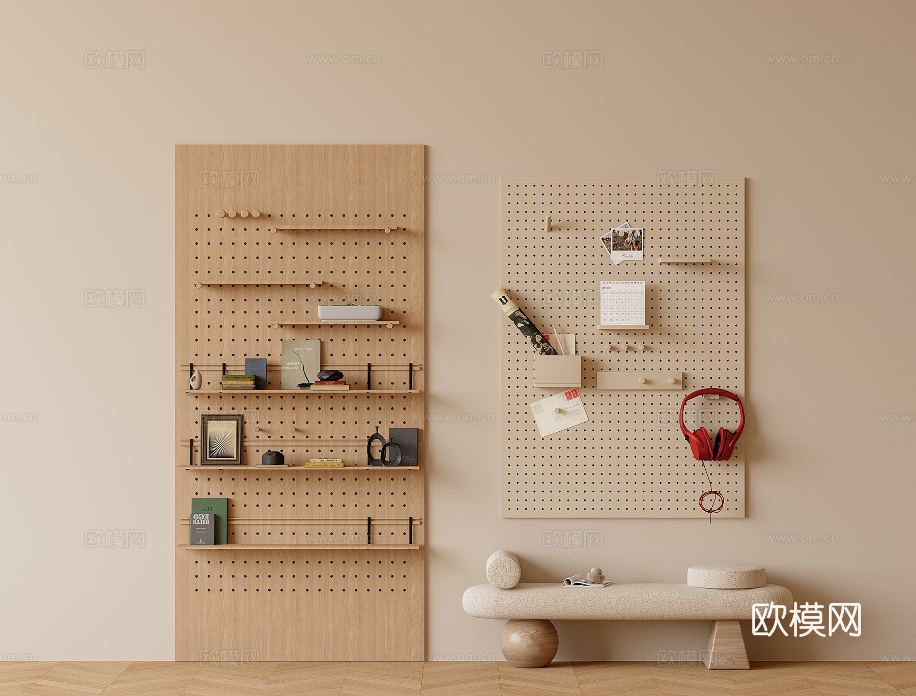 奶油原木风门厅洞洞板换鞋凳su模型