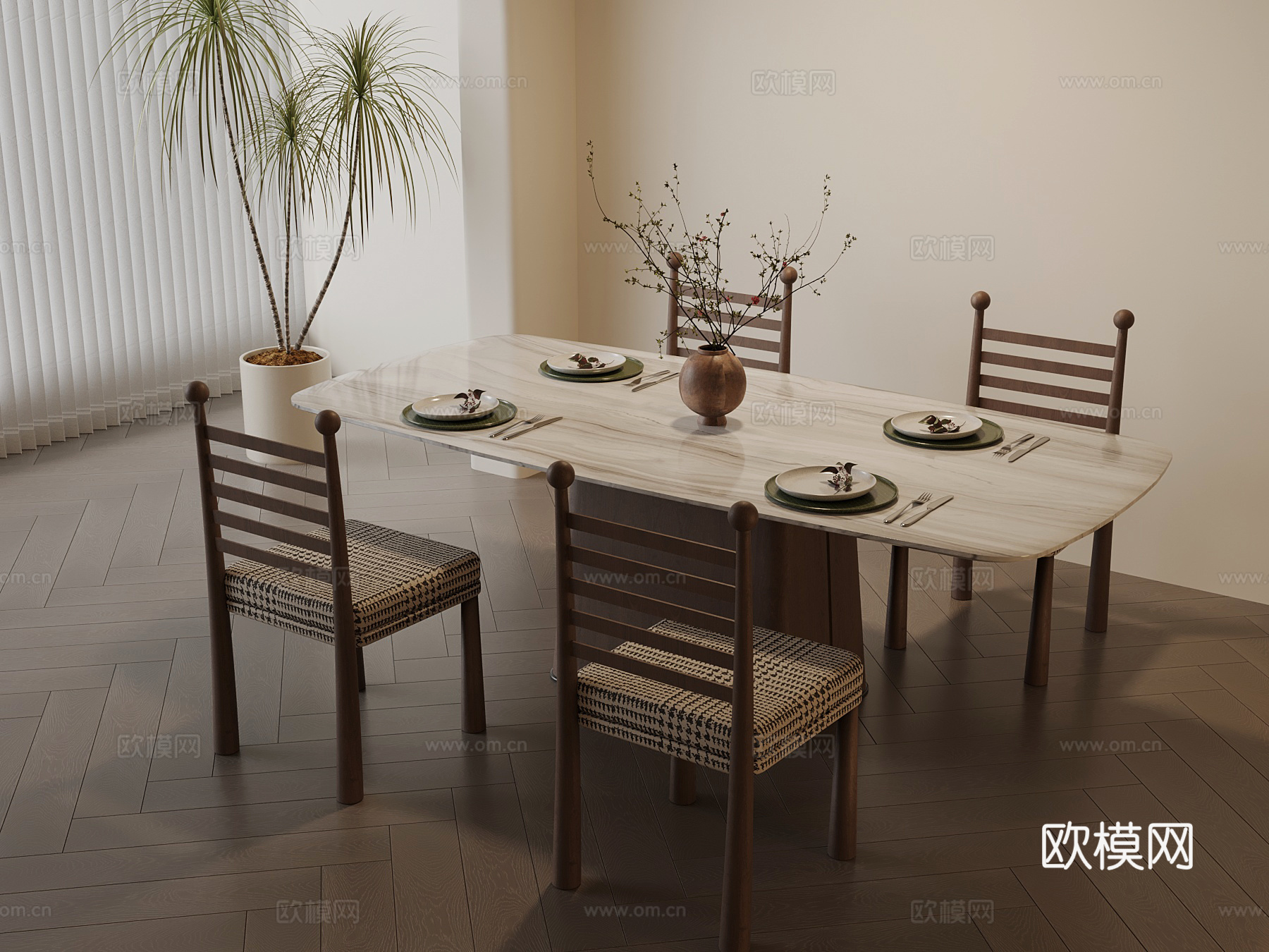 中古风餐桌椅su模型