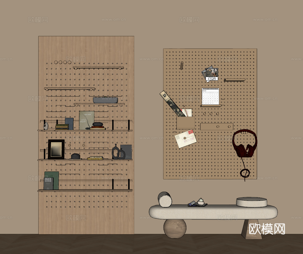 奶油原木风门厅洞洞板换鞋凳su模型