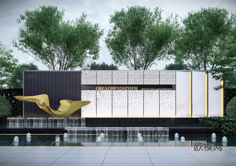 现代穿孔板景墙 造型水景景墙su模型
