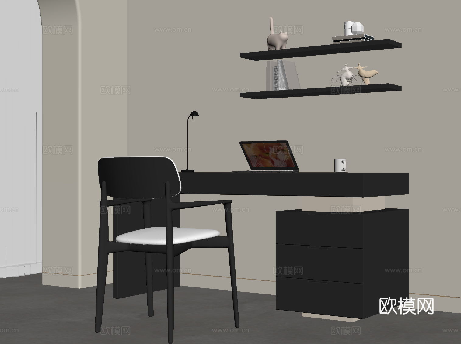 现代书桌椅 书架su模型
