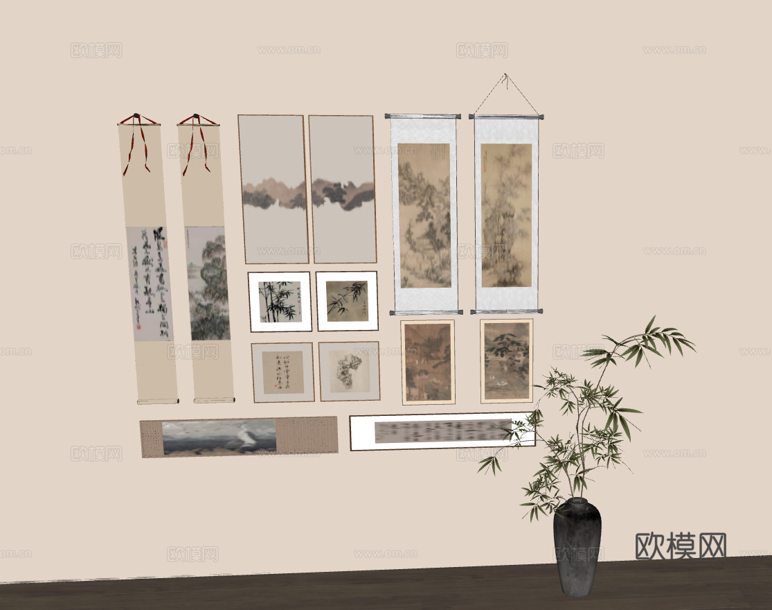中式传统书画艺术墙装饰组合su模型