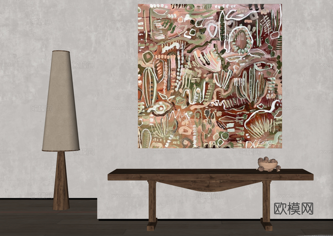 抽象自然主题艺术画与现代木质家具组合su模型