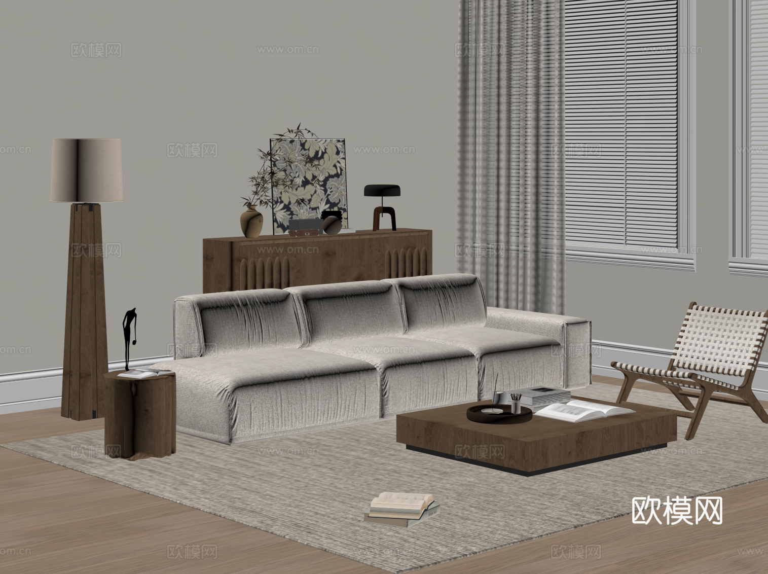 中古风客厅 沙发茶几组合 边柜su模型