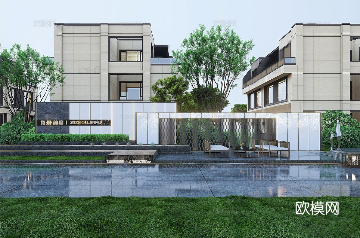 现代景墙 直线 入口景墙su模型