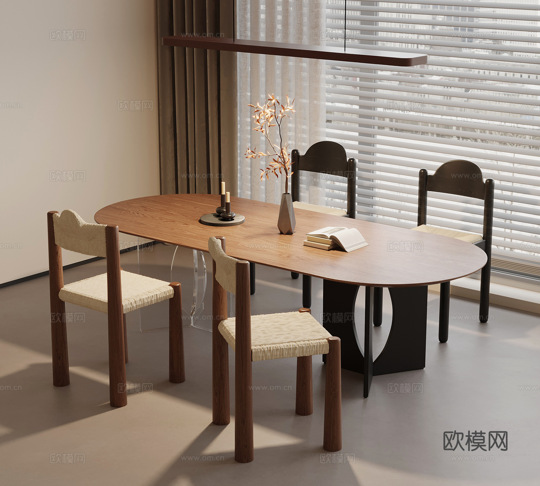 侘寂中古餐桌椅su模型