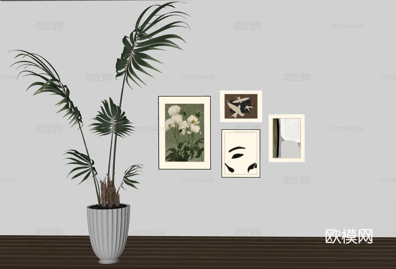 现代简约风格的室内绿植与艺术墙饰组合su模型