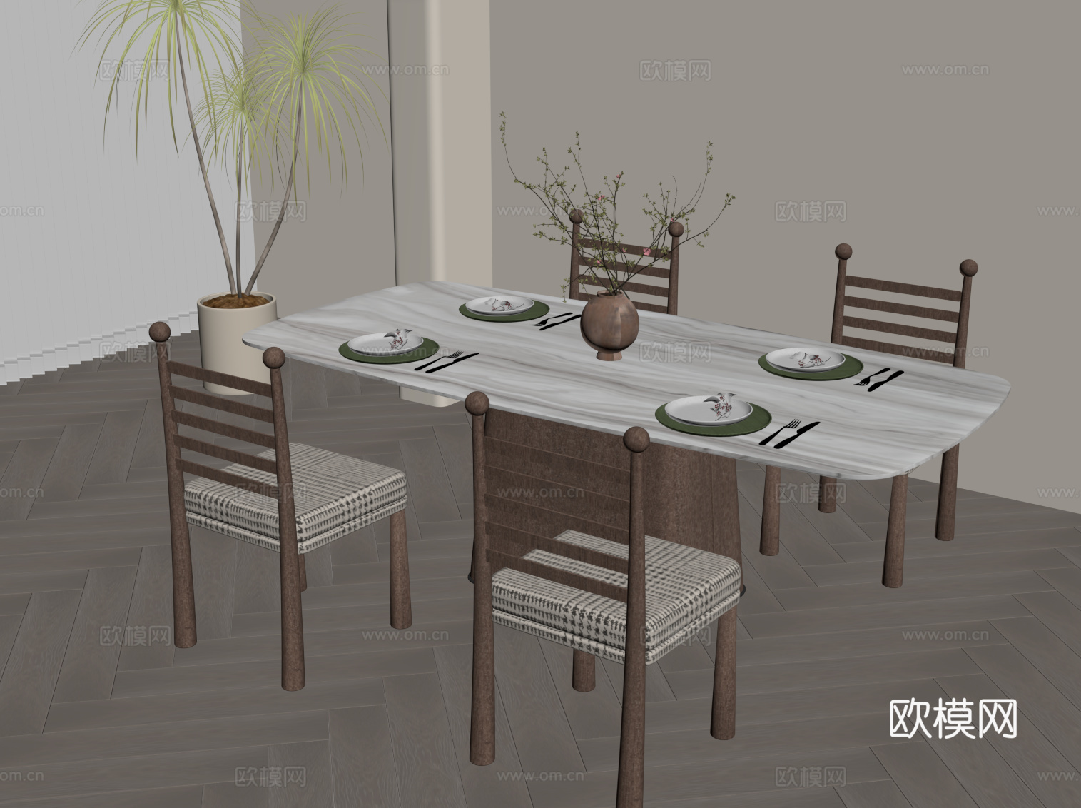 中古风餐桌椅su模型
