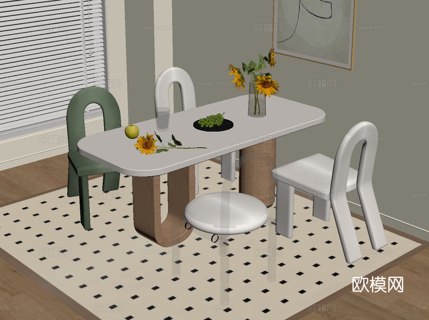 现代奶油风餐桌椅su模型