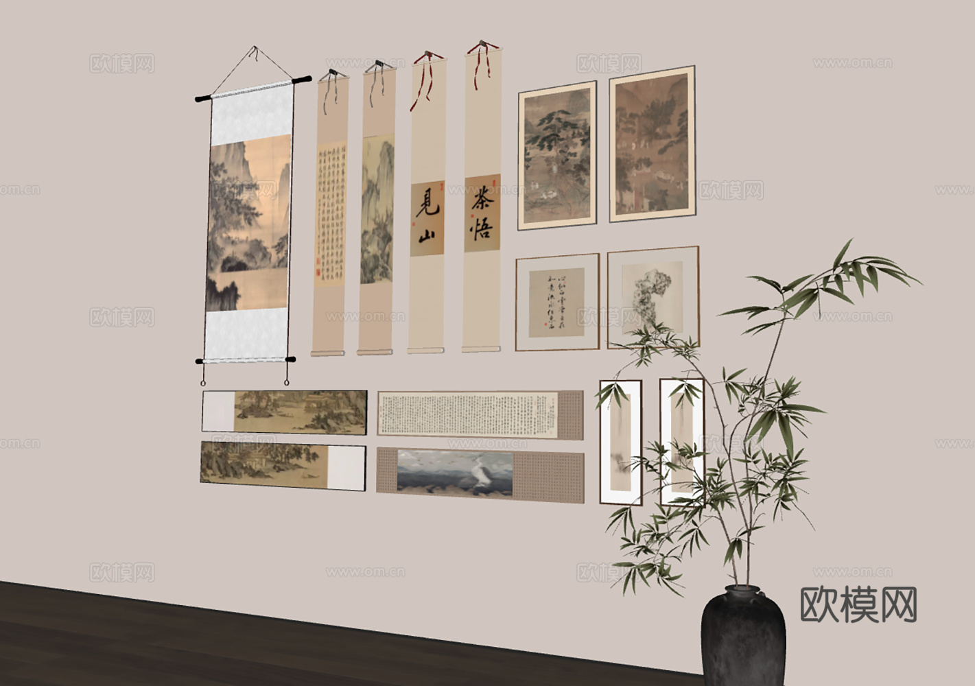 中式古典山水与书法卷轴艺术墙组合su模型su模型