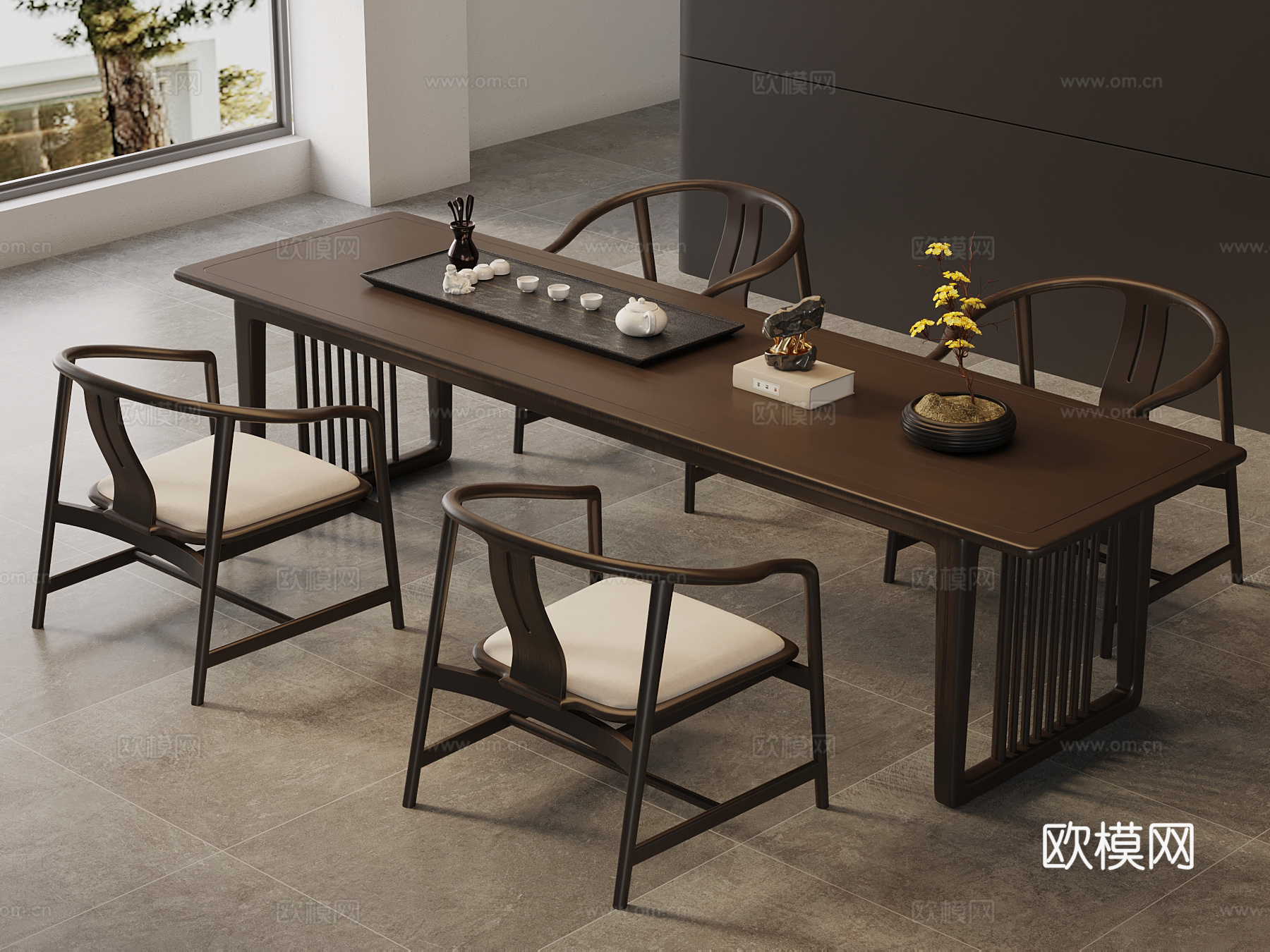 新中式茶桌椅su模型