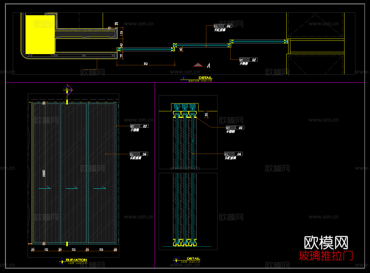 长虹玻璃门 推拉门  厨房玻璃门 门节点cad施工图