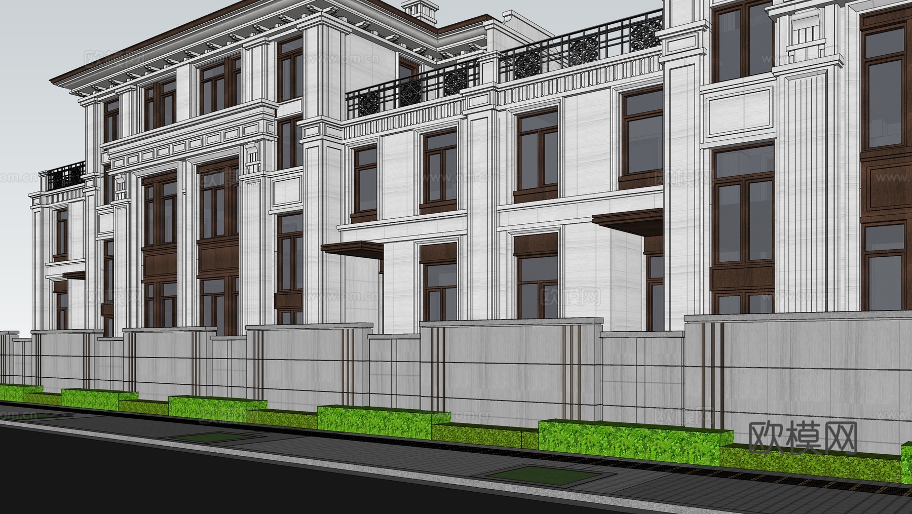 现代别墅建筑 联排别墅 景墙围墙su模型