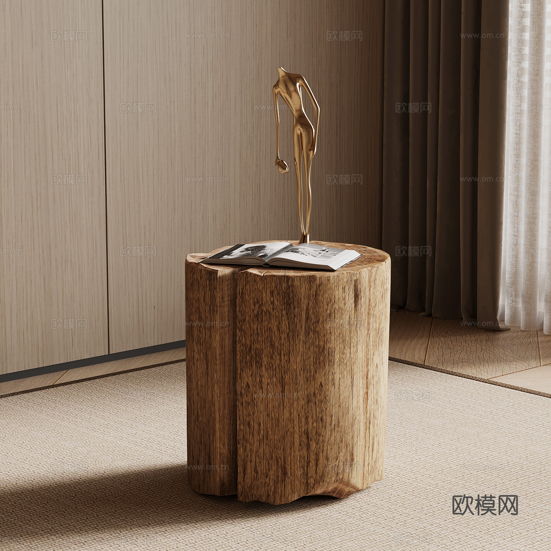 侘寂中古边几 木墩 木头su模型