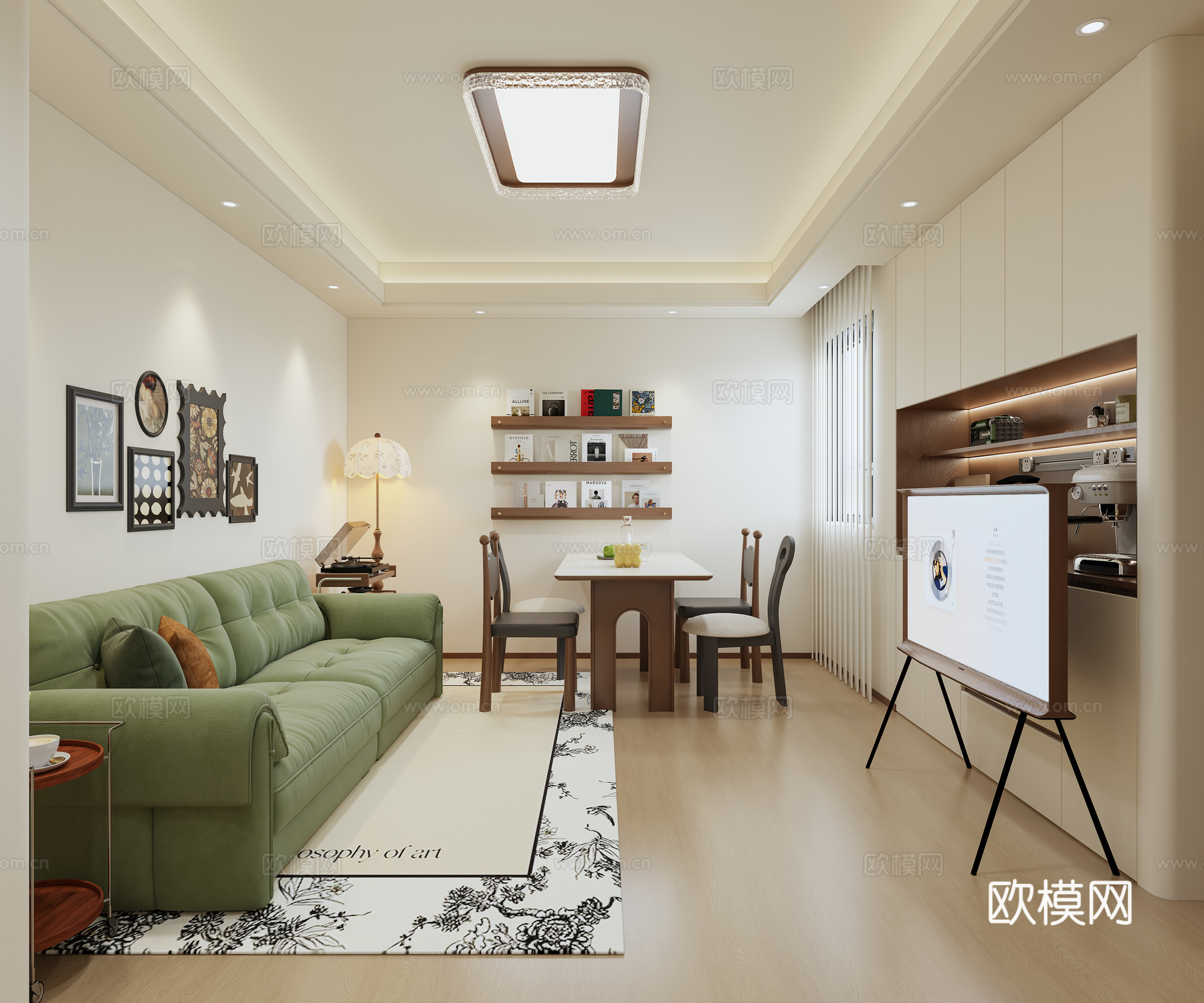 奶油风复古客餐厅   法式复古客餐厅    奶油复古玄关3d模型下载（渲染图1）