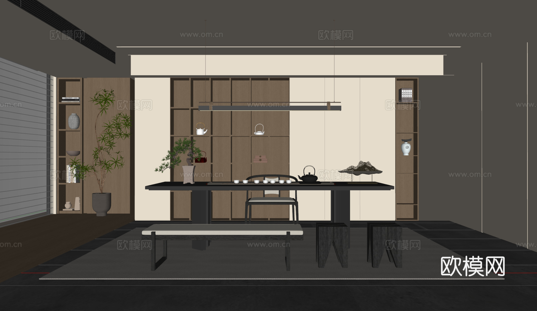 新中式茶室 茶桌椅 茶柜 吊灯 装饰柜 地毯su模型